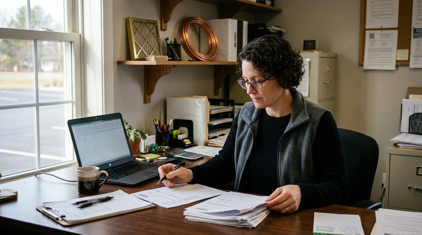 Generated image: an HVAC office manager at her desk going through a stack of printed estimates beside an open laptop.